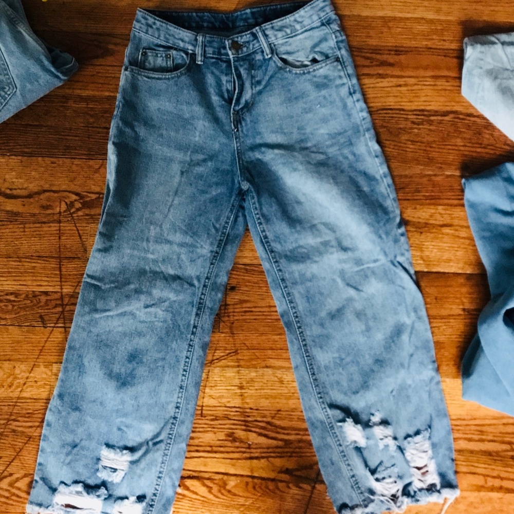 Distressed lt blue high waisted culottes jeans